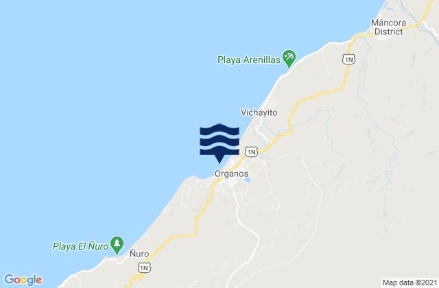 Mapa da tábua de marés em Los Organos, Peru
