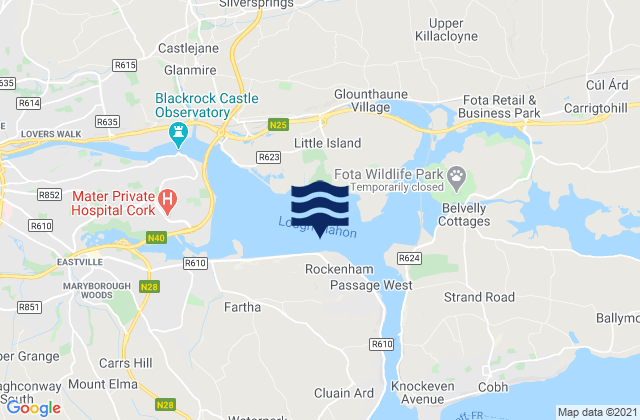 Mapa da tábua de marés em Lough Mahon, Ireland