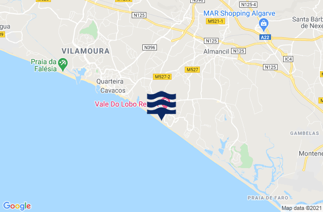 Mapa da tábua de marés em Loulé, Portugal