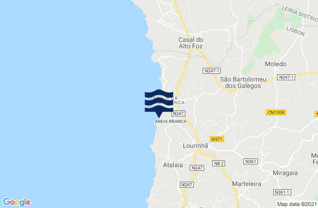 Mapa da tábua de marés em Lourinhã, Portugal