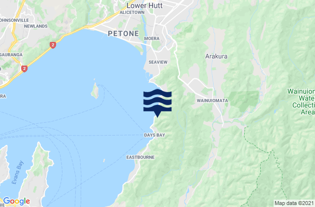 Mapa da tábua de marés em Lower Hutt City, New Zealand