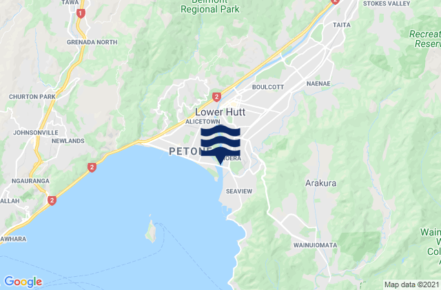 Mapa da tábua de marés em Lower Hutt, New Zealand