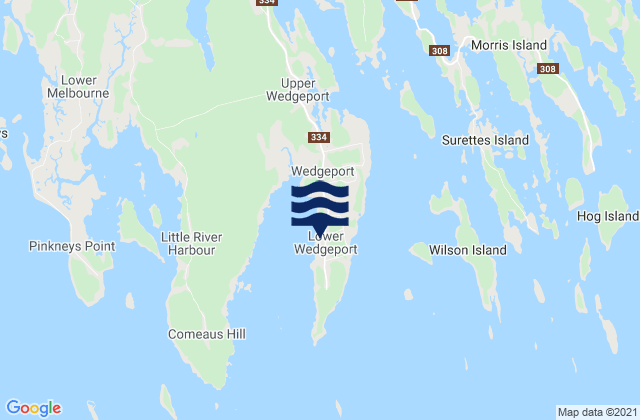 Mapa da tábua de marés em Lower Wedgeport, Canada