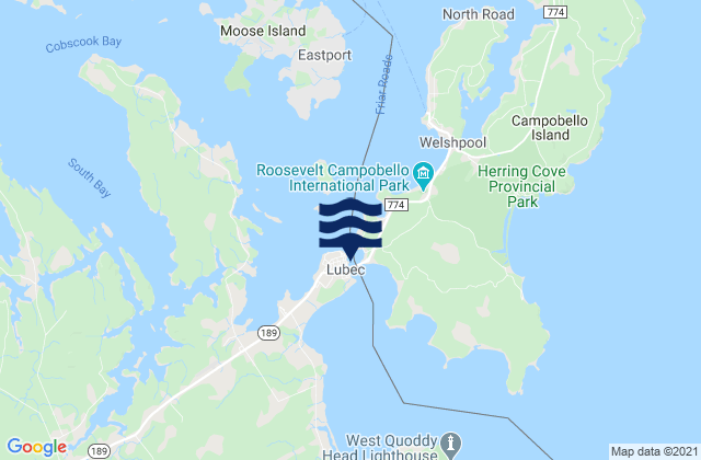 Mapa da tábua de marés em Lubec, Canada