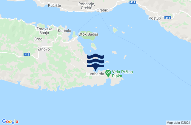 Mapa da tábua de marés em Lumbarda, Croatia