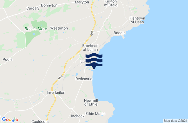 Mapa da tábua de marés em Lunan Bay Beach, United Kingdom
