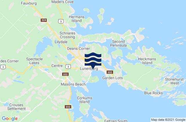 Mapa da tábua de marés em Lunenburg, Canada
