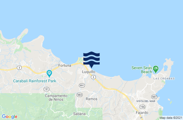Mapa da tábua de marés em Luquillo, Puerto Rico