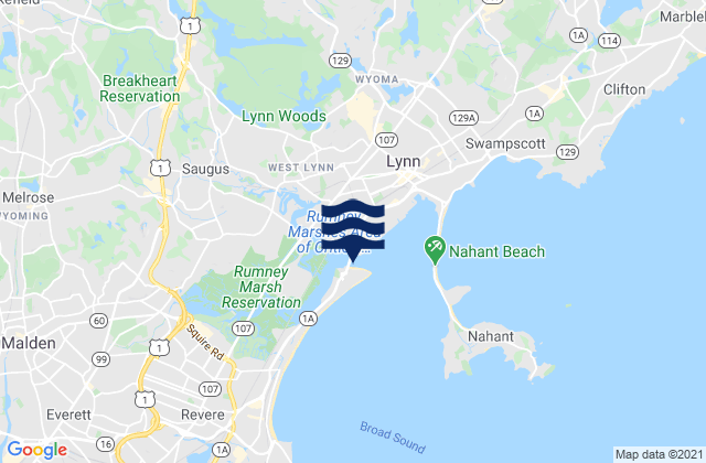 Mapa da tábua de marés em Lynnfield, United States