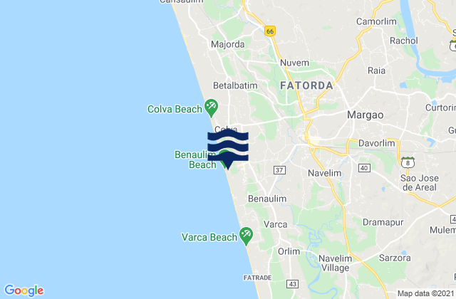 Mapa da tábua de marés em Madgaon, India