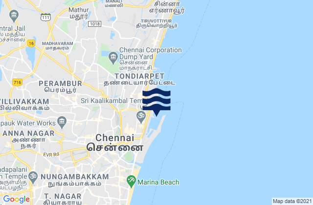 Mapa da tábua de marés em Madras, India