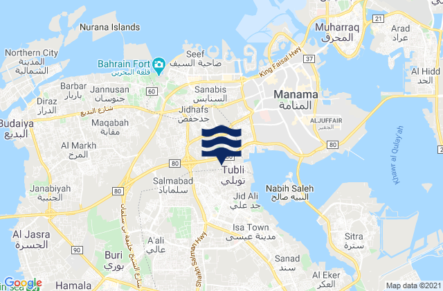 Mapa da tábua de marés em Madīnat ‘Īsá, Bahrain