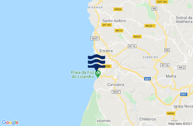 Mapa da tábua de marés em Mafra, Portugal