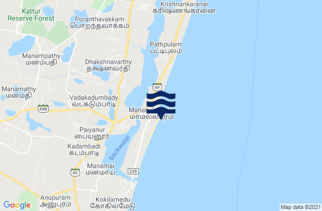 Mapa da tábua de marés em Mahabalipuram (Shore Temple), India