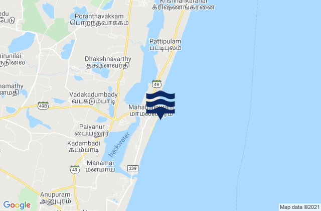 Mapa da tábua de marés em Mahabalipuram Shore Temple, India