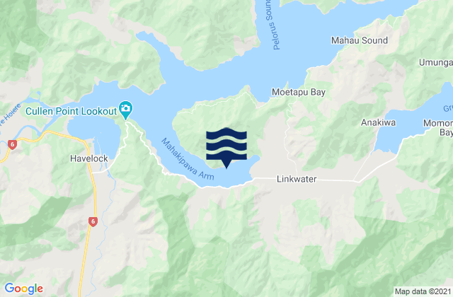 Mapa da tábua de marés em Mahakipawa Arm, New Zealand