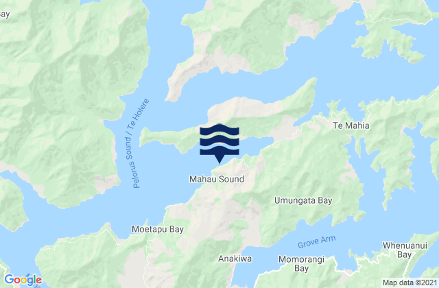 Mapa da tábua de marés em Mahau Sound, New Zealand