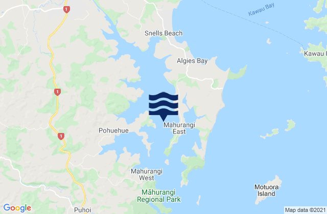 Mapa da tábua de marés em Mahurangi Harbour, New Zealand