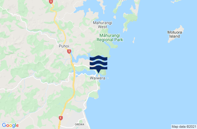 Mapa da tábua de marés em Mahurangi Island, New Zealand
