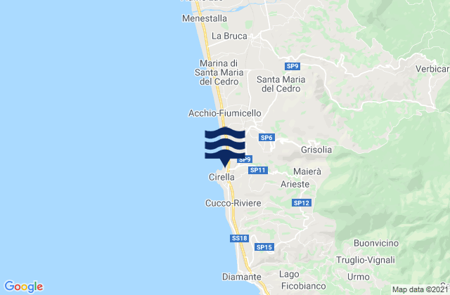 Mapa da tábua de marés em Maierà, Italy