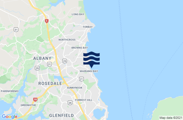 Mapa da tábua de marés em Mairangi Bay, New Zealand