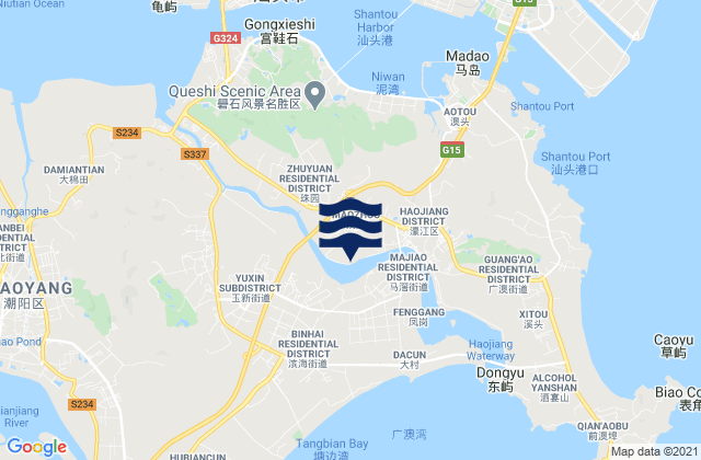 Mapa da tábua de marés em Majiao, China