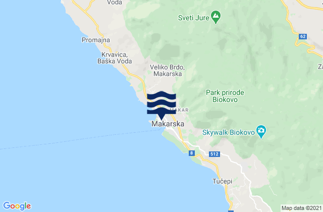 Mapa da tábua de marés em Makarska, Croatia