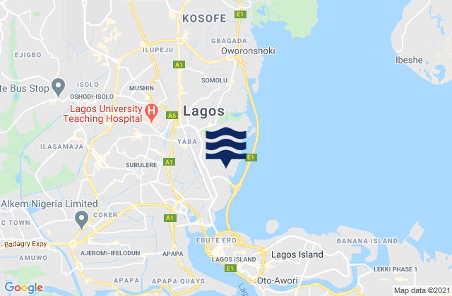 Mapa da tábua de marés em Makoko, Nigeria