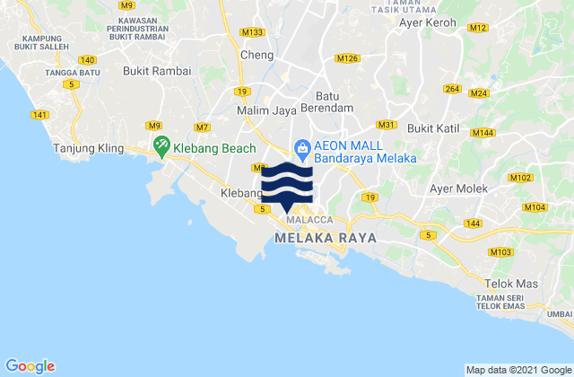 Mapa da tábua de marés em Malacca, Malaysia