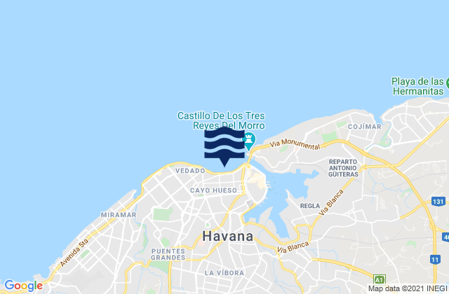 Mapa da tábua de marés em Malecón, Cuba