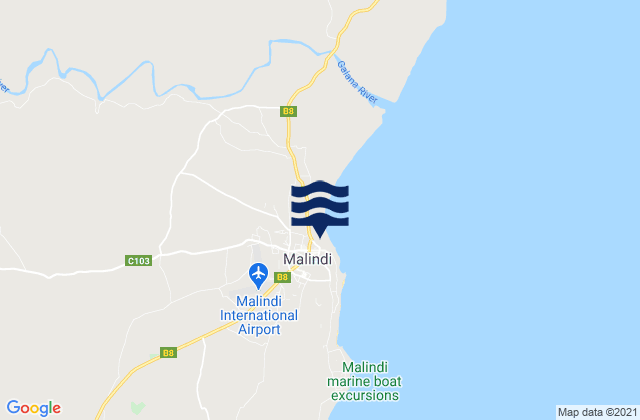 Mapa da tábua de marés em Malindi, Kenya