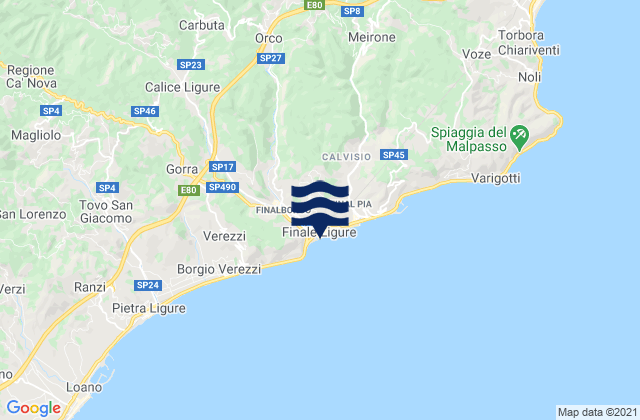 Mapa da tábua de marés em Mallare, Italy