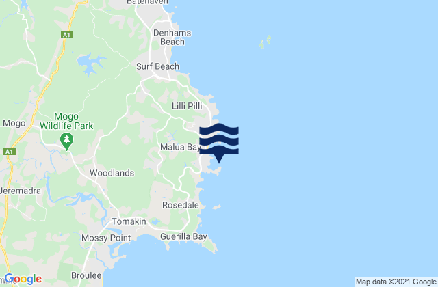 Mapa da tábua de marés em Malua Bay, Australia