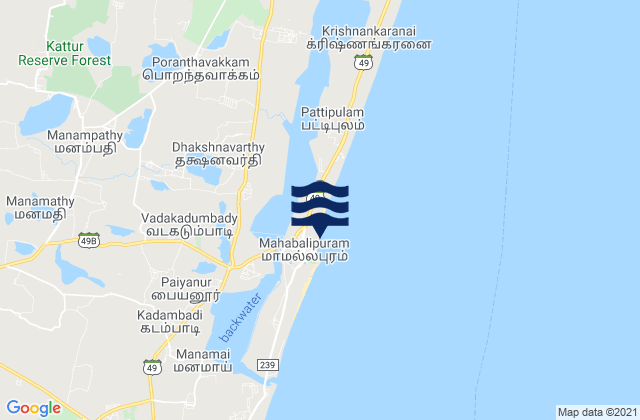 Mapa da tábua de marés em Mamallapuram, India