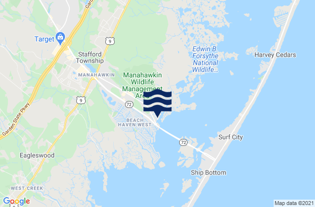 Mapa da tábua de marés em Manahawkin, United States