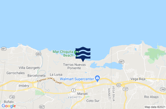 Mapa da tábua de marés em Manatí Barrio-Pueblo, Puerto Rico
