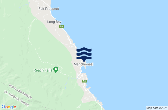 Mapa da tábua de marés em Manchioneal, Jamaica