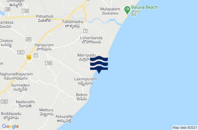 Mapa da tábua de marés em Mandasa, India