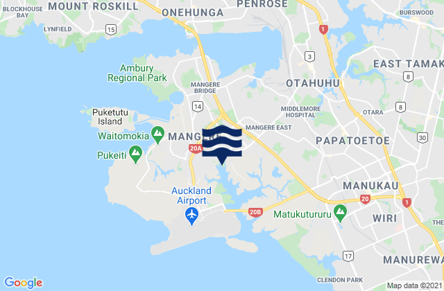 Mapa da tábua de marés em Mangere, New Zealand