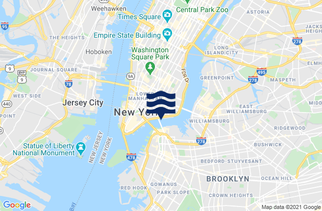 Mapa da tábua de marés em Manhattan Bridge East of, United States