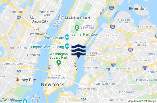 Mapa da tábua de marés em Manhattan off 31st Street, United States