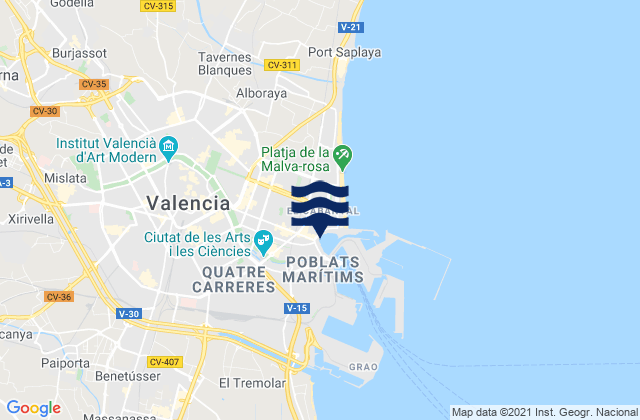 Mapa da tábua de marés em Manises, Spain