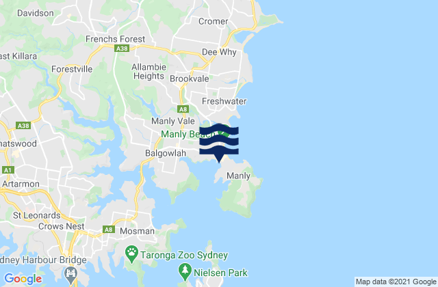 Mapa da tábua de marés em Manly Beach, Australia