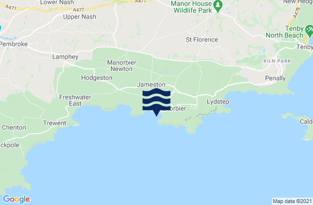 Mapa da tábua de marés em Manorbier Bay Beach, United Kingdom