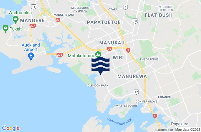 Mapa da tábua de marés em Manukau City, New Zealand