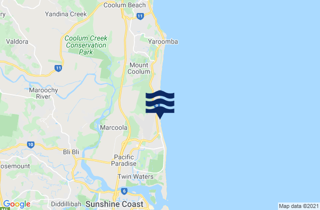 Mapa da tábua de marés em Marcoola Beach, Australia