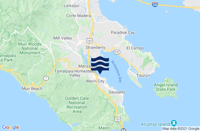 Mapa da tábua de marés em Marin City, United States