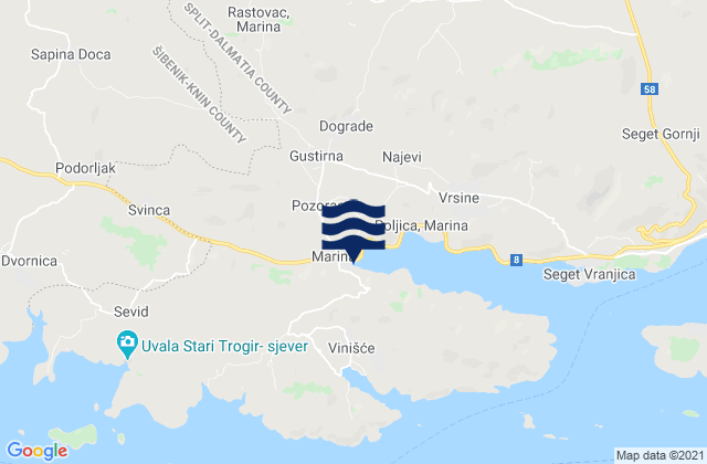 Mapa da tábua de marés em Marina, Croatia