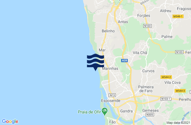 Mapa da tábua de marés em Marinhas, Portugal