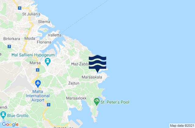 Mapa da tábua de marés em Marsaskala, Malta
